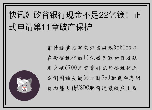 快讯》矽谷银行现金不足22亿镁！正式申请第11章破产保护