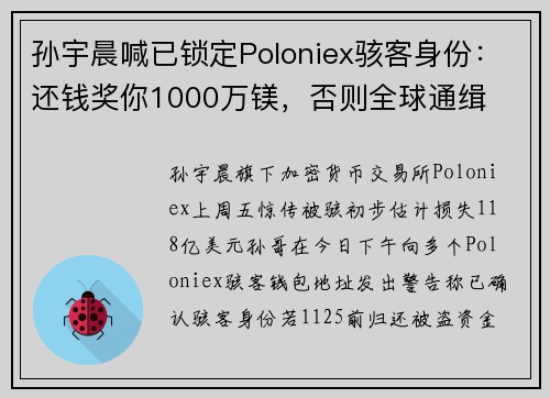 孙宇晨喊已锁定Poloniex骇客身份：还钱奖你1000万镁，否则全球通缉